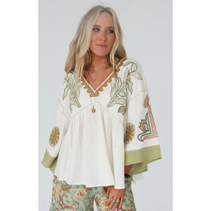 Easel Embroidery Chateau Chic Babydoll Top Cotton Gauze Floral Womens Medium